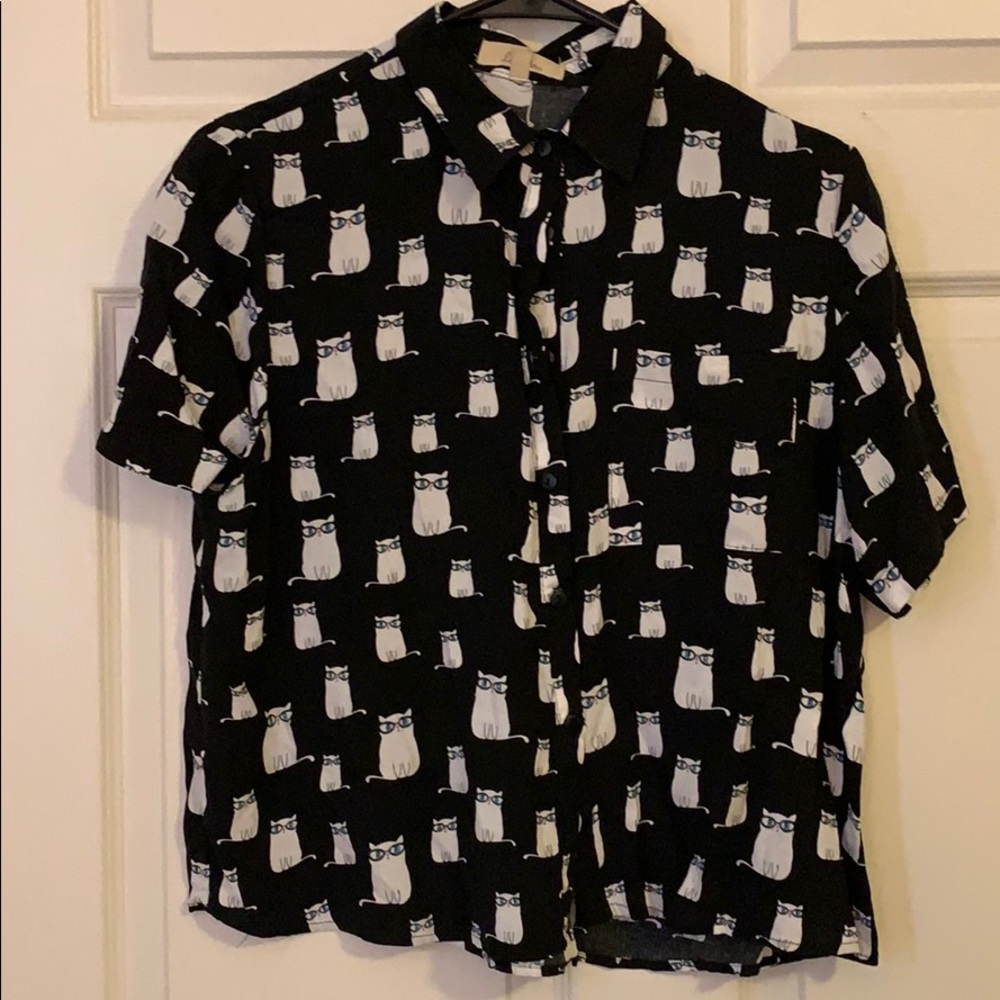 Black Button Up with Kitten Print
